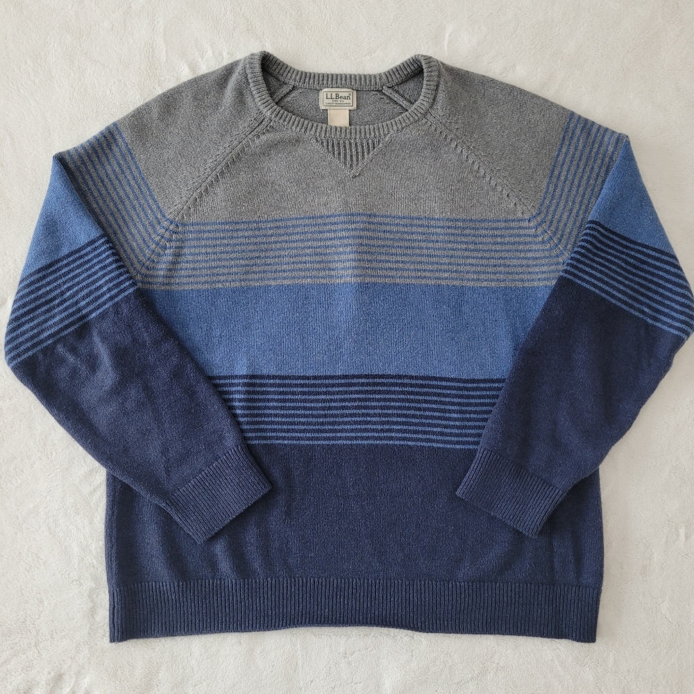 LL Bean Cotton Cashmere Sweater Crewneck Striped Colorblock Blue Size M Mens